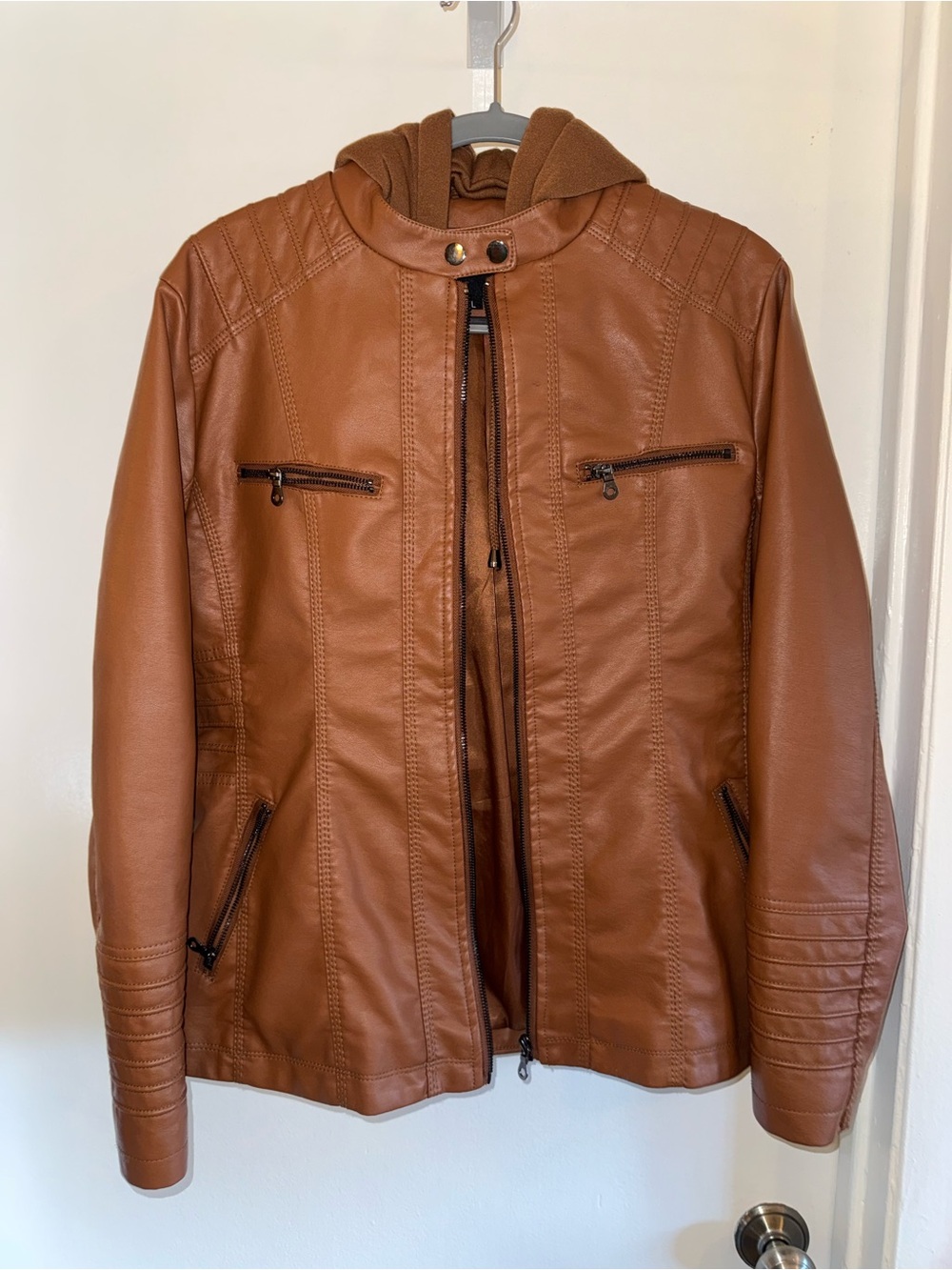 TAGOO Cognac Faux Leather Hooded Moto Jacket Women’s Large Brown Biker
